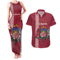 Personalised Latvia Couples Matching Tank Maxi Dress and Hawaiian Shirt Latvijas Republika Folk Pattern