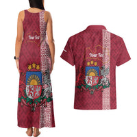 Personalised Latvia Couples Matching Tank Maxi Dress and Hawaiian Shirt Latvijas Republika Folk Pattern