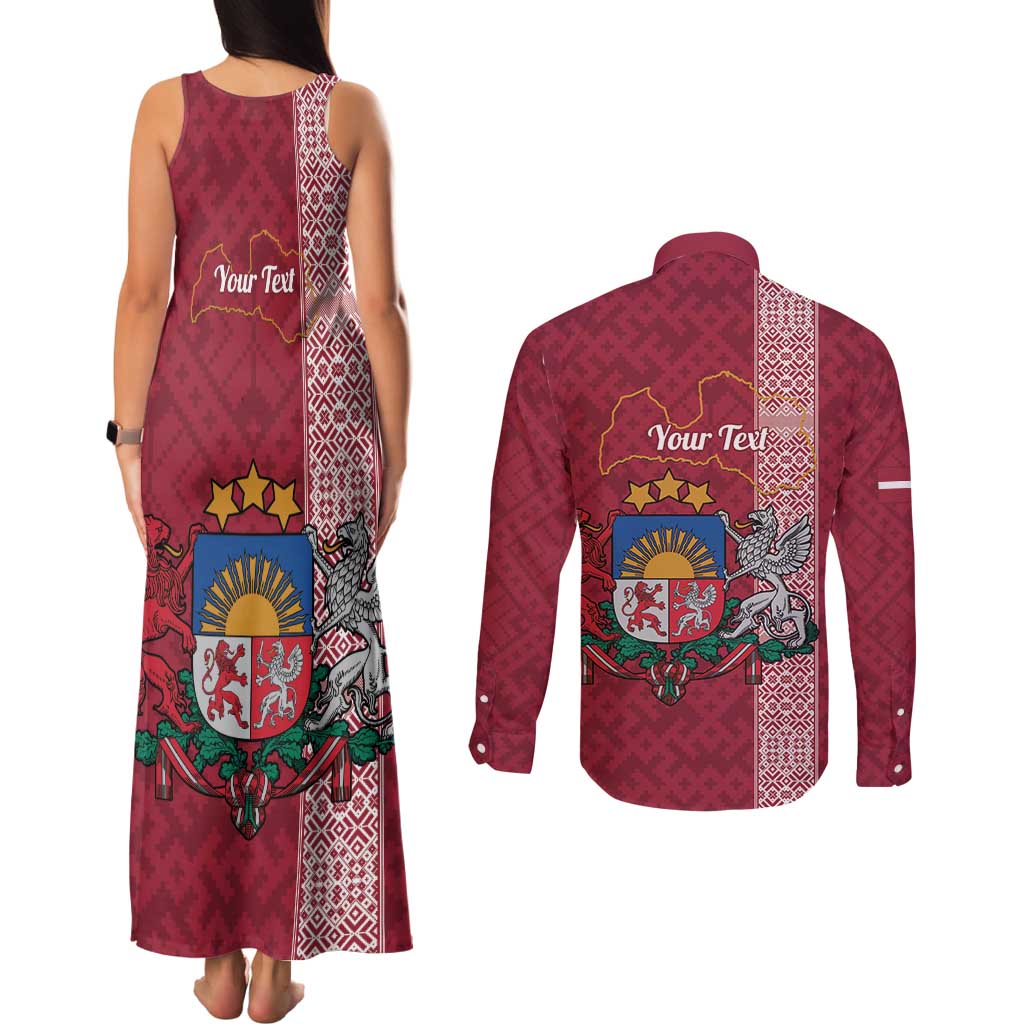 Personalised Latvia Couples Matching Tank Maxi Dress and Long Sleeve Button Shirt Latvijas Republika Folk Pattern