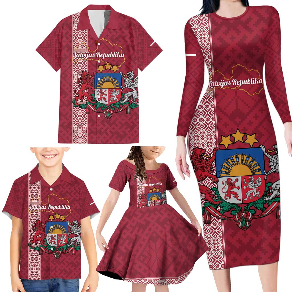 Personalised Latvia Family Matching Long Sleeve Bodycon Dress and Hawaiian Shirt Latvijas Republika Folk Pattern