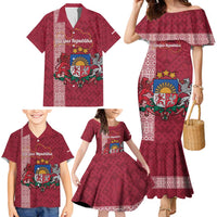 Personalised Latvia Family Matching Mermaid Dress and Hawaiian Shirt Latvijas Republika Folk Pattern
