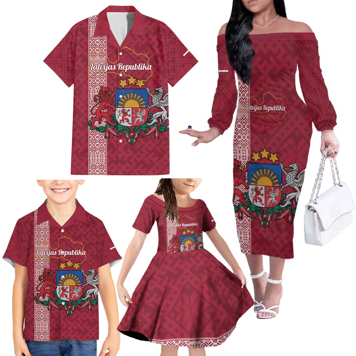 Personalised Latvia Family Matching Off The Shoulder Long Sleeve Dress and Hawaiian Shirt Latvijas Republika Folk Pattern
