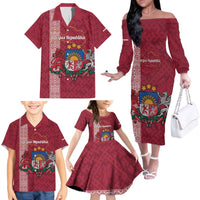 Personalised Latvia Family Matching Off The Shoulder Long Sleeve Dress and Hawaiian Shirt Latvijas Republika Folk Pattern
