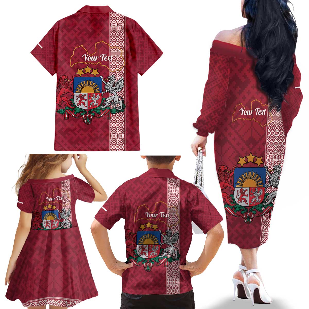 Personalised Latvia Family Matching Off The Shoulder Long Sleeve Dress and Hawaiian Shirt Latvijas Republika Folk Pattern