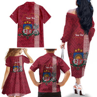 Personalised Latvia Family Matching Off The Shoulder Long Sleeve Dress and Hawaiian Shirt Latvijas Republika Folk Pattern