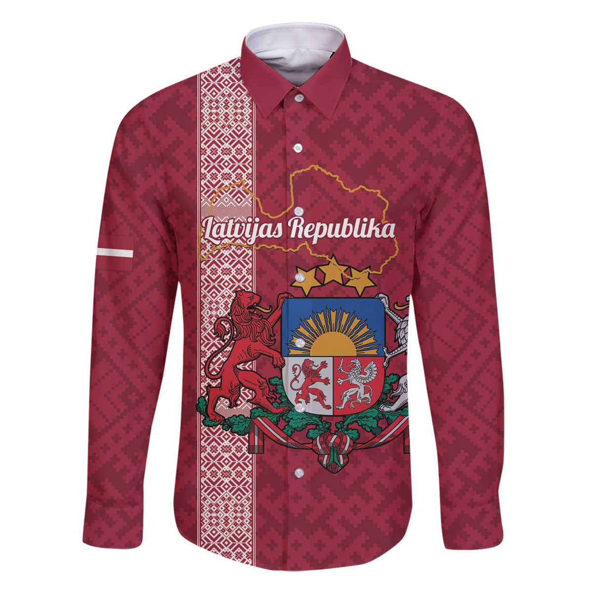 Personalised Latvia Family Matching Off The Shoulder Long Sleeve Dress and Hawaiian Shirt Latvijas Republika Folk Pattern