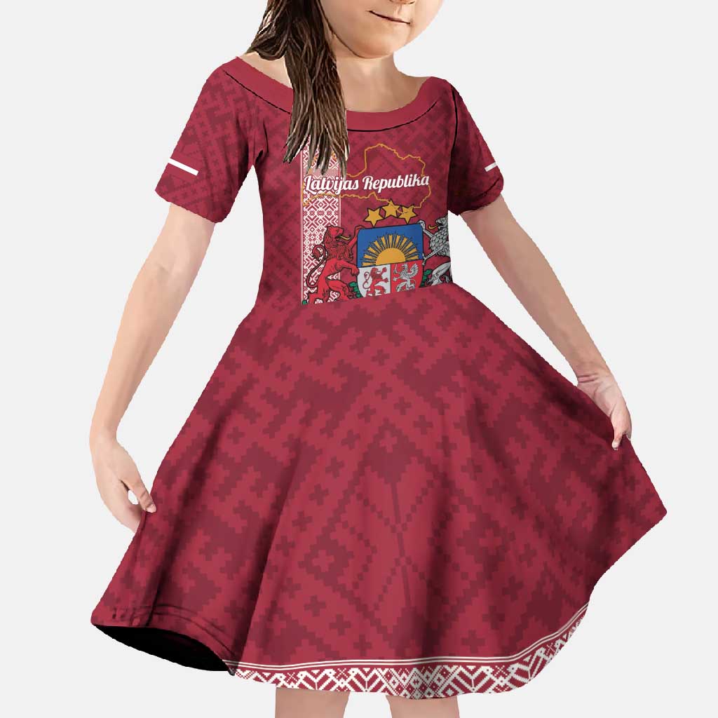 Personalised Latvia Family Matching Off Shoulder Maxi Dress and Hawaiian Shirt Latvijas Republika Folk Pattern