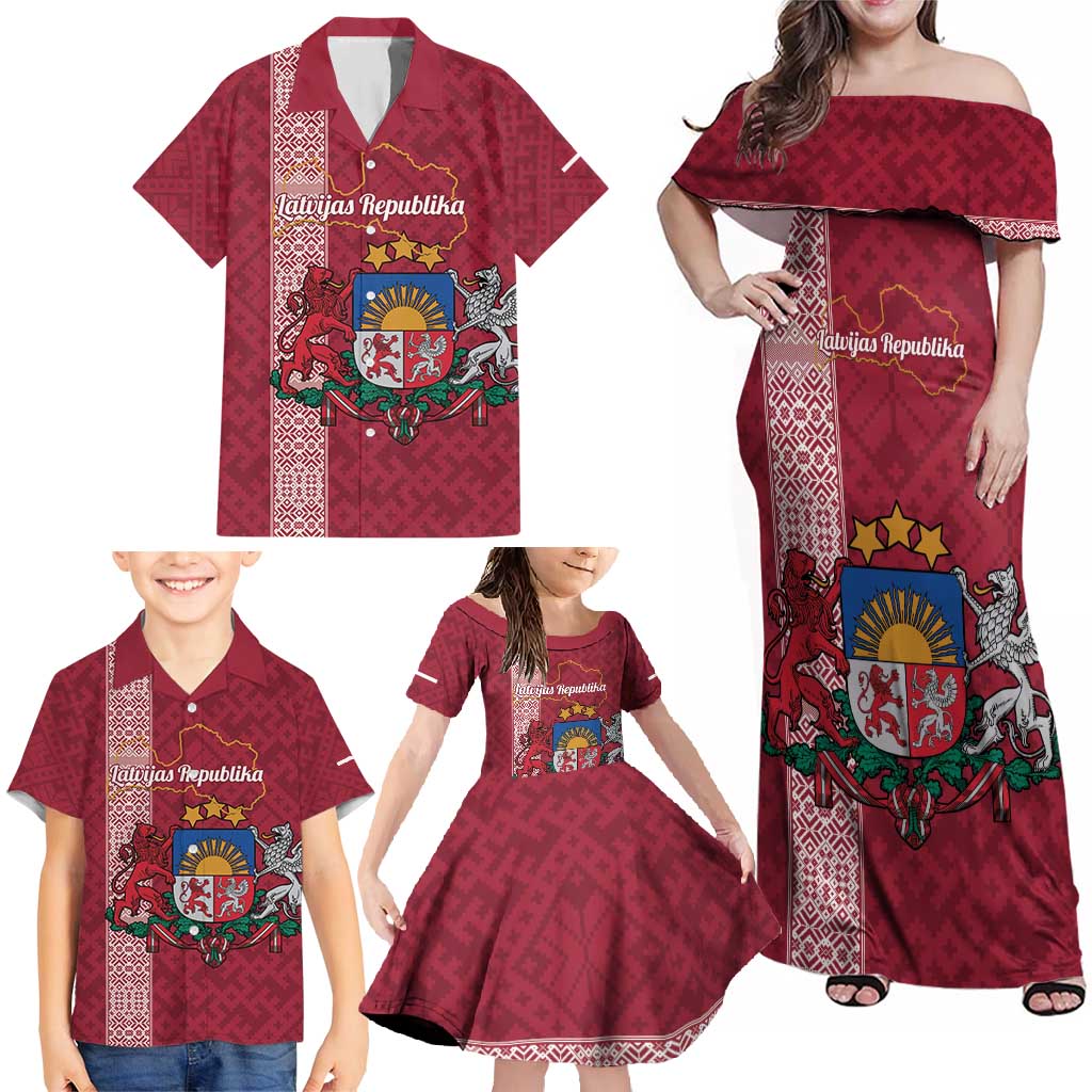 Personalised Latvia Family Matching Off Shoulder Maxi Dress and Hawaiian Shirt Latvijas Republika Folk Pattern