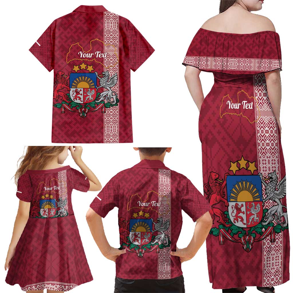 Personalised Latvia Family Matching Off Shoulder Maxi Dress and Hawaiian Shirt Latvijas Republika Folk Pattern