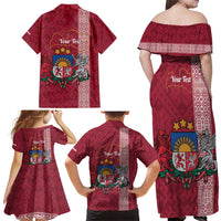 Personalised Latvia Family Matching Off Shoulder Maxi Dress and Hawaiian Shirt Latvijas Republika Folk Pattern