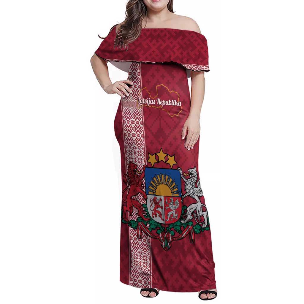 Personalised Latvia Family Matching Off Shoulder Maxi Dress and Hawaiian Shirt Latvijas Republika Folk Pattern