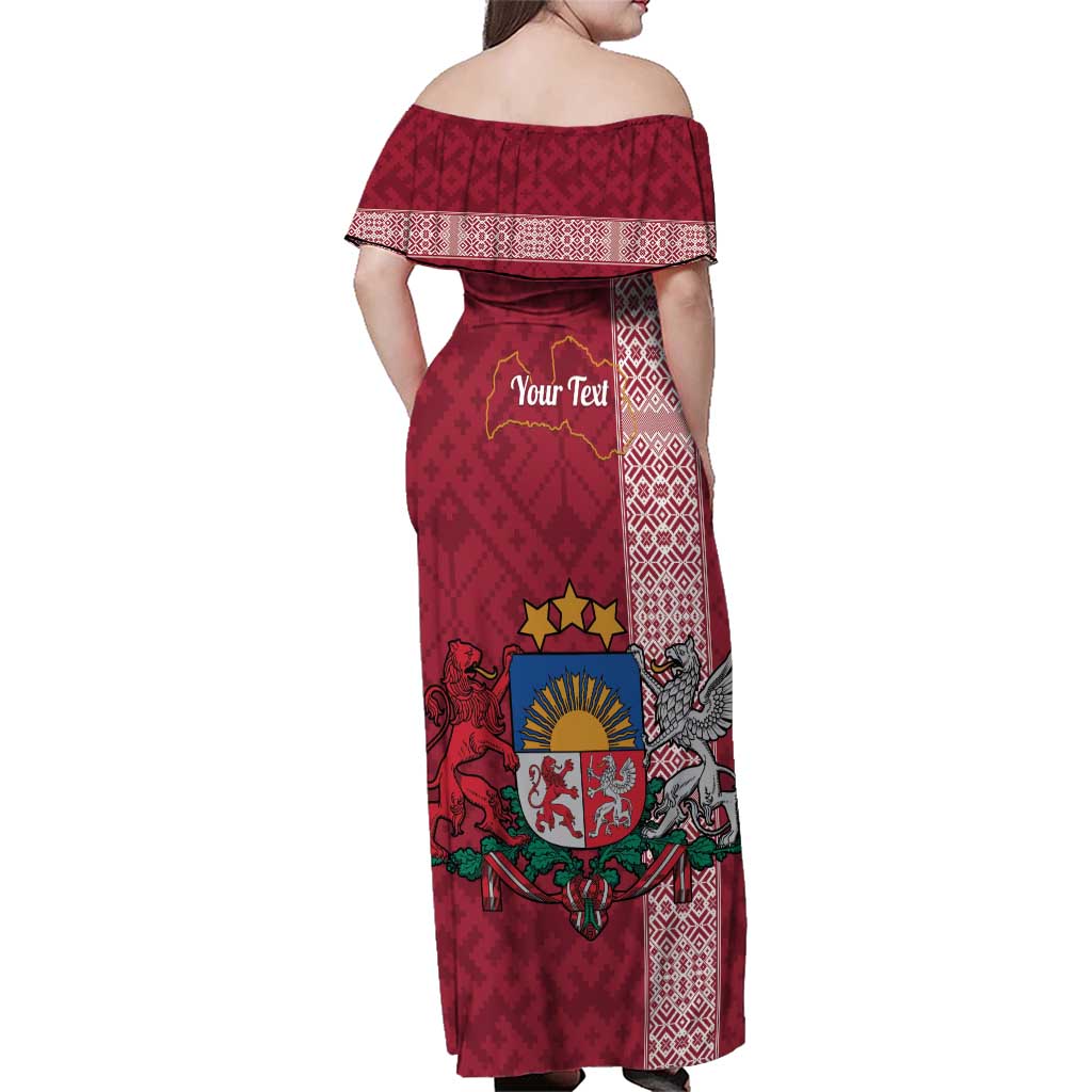 Personalised Latvia Family Matching Off Shoulder Maxi Dress and Hawaiian Shirt Latvijas Republika Folk Pattern