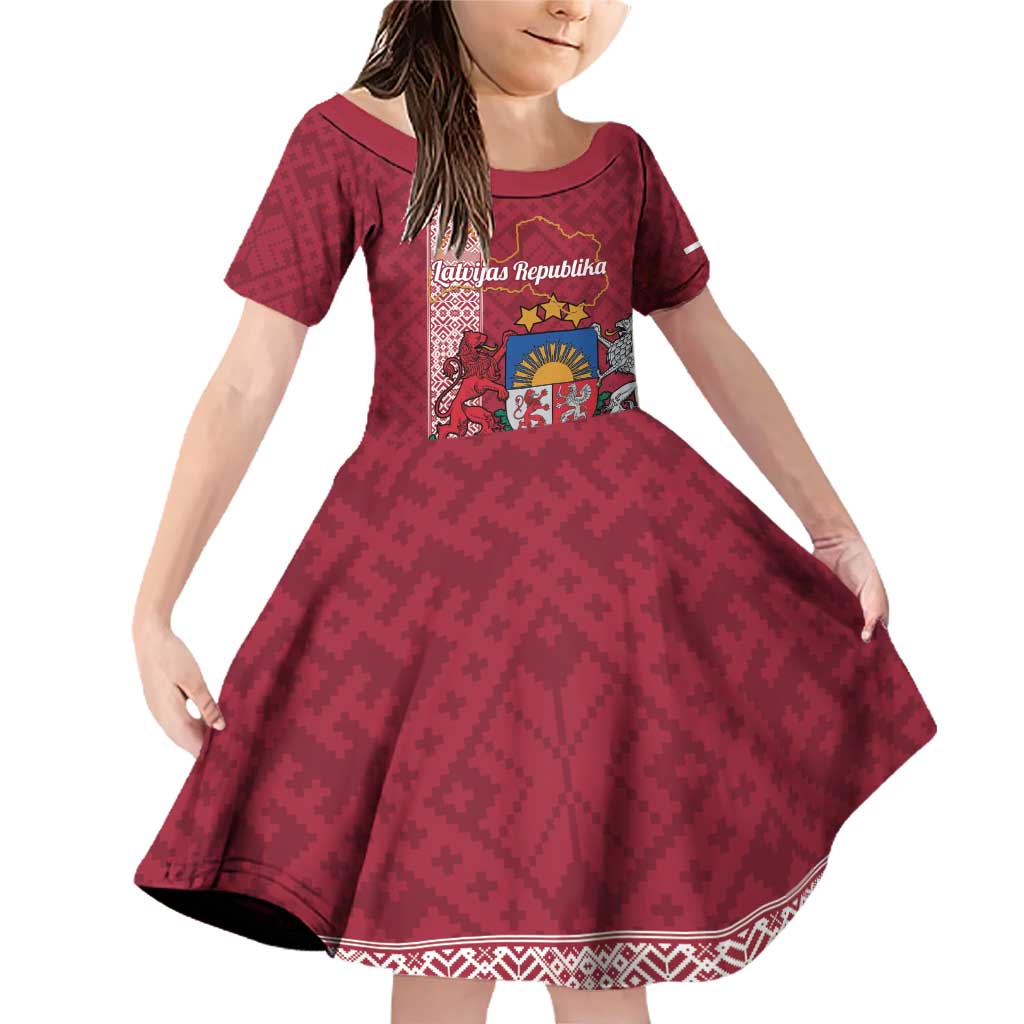 Personalised Latvia Family Matching Off Shoulder Short Dress and Hawaiian Shirt Latvijas Republika Folk Pattern