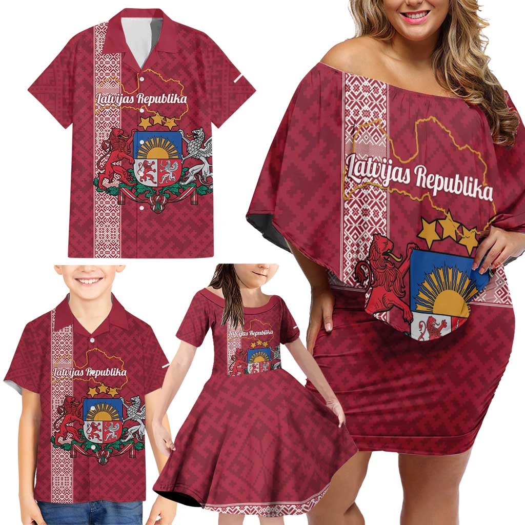 Personalised Latvia Family Matching Off Shoulder Short Dress and Hawaiian Shirt Latvijas Republika Folk Pattern