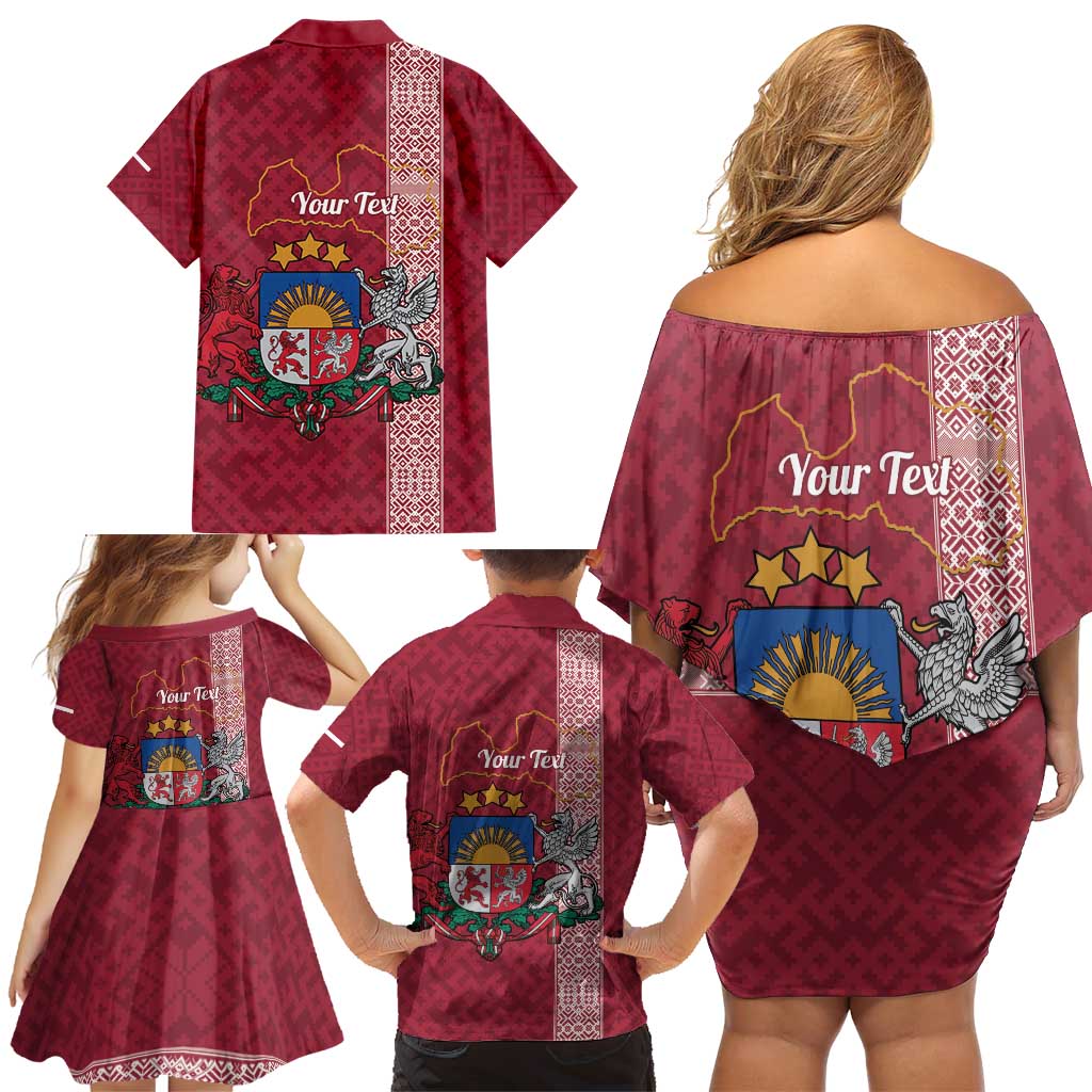 Personalised Latvia Family Matching Off Shoulder Short Dress and Hawaiian Shirt Latvijas Republika Folk Pattern