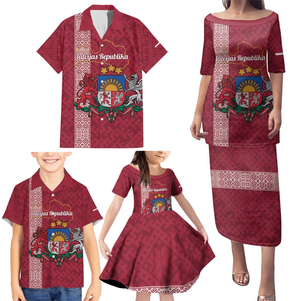 Personalised Latvia Family Matching Puletasi and Hawaiian Shirt Latvijas Republika Folk Pattern
