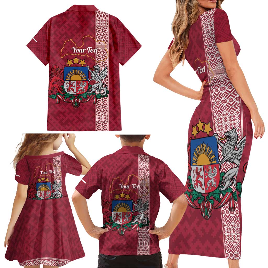 Personalised Latvia Family Matching Short Sleeve Bodycon Dress and Hawaiian Shirt Latvijas Republika Folk Pattern