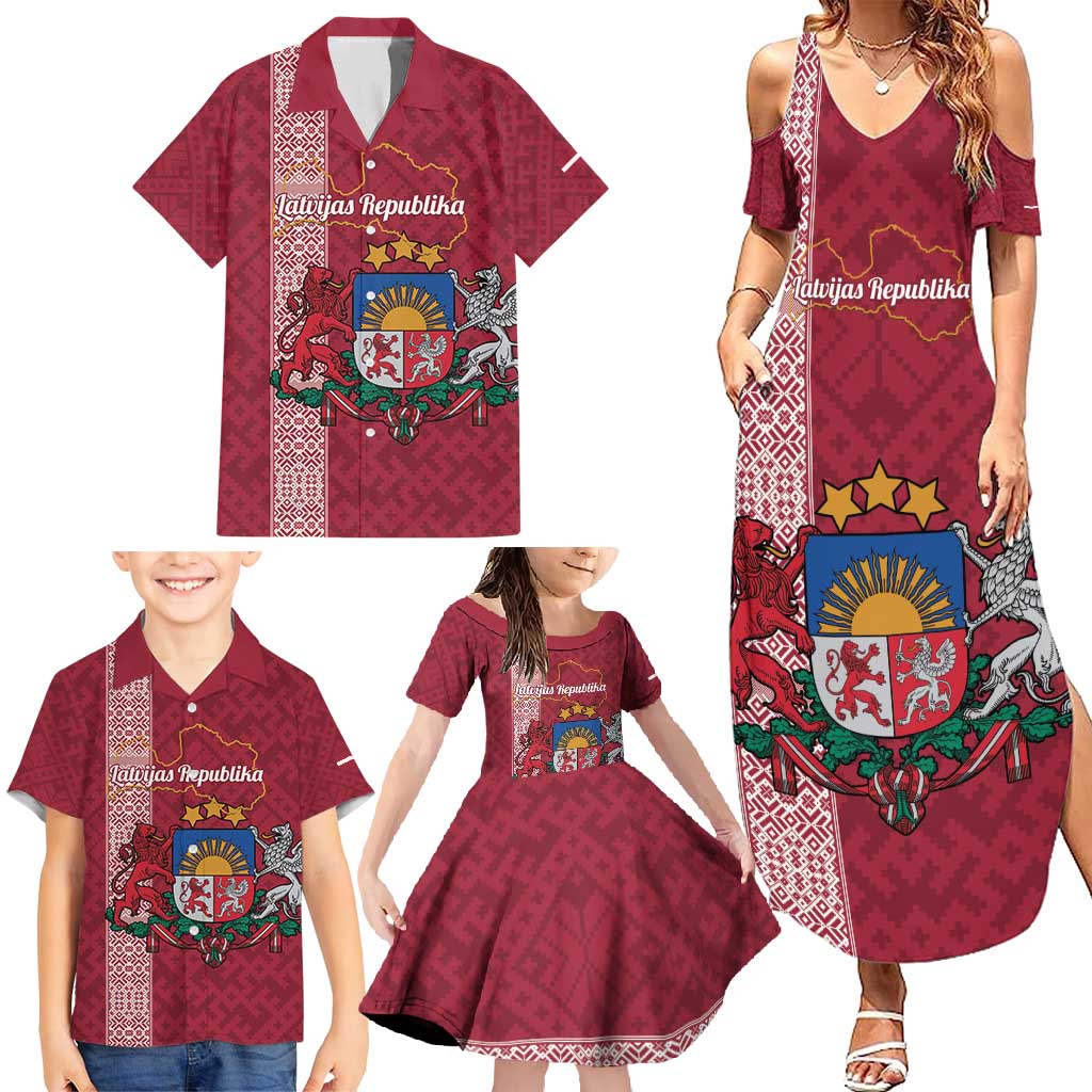 Personalised Latvia Family Matching Summer Maxi Dress and Hawaiian Shirt Latvijas Republika Folk Pattern