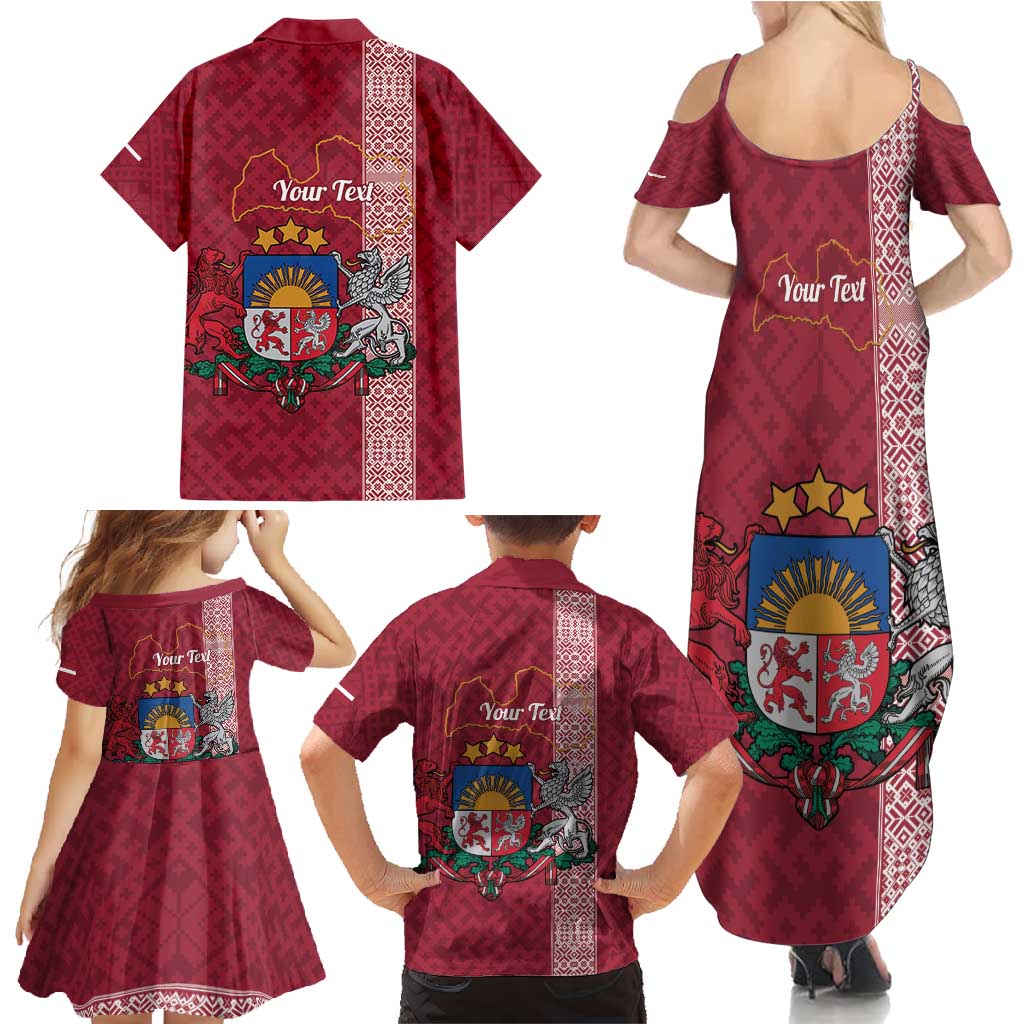 Personalised Latvia Family Matching Summer Maxi Dress and Hawaiian Shirt Latvijas Republika Folk Pattern