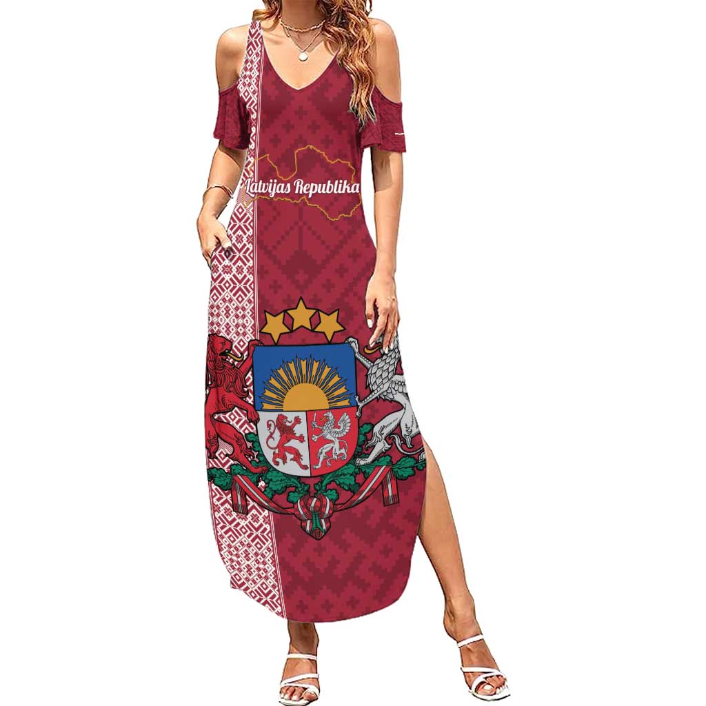 Personalised Latvia Family Matching Summer Maxi Dress and Hawaiian Shirt Latvijas Republika Folk Pattern
