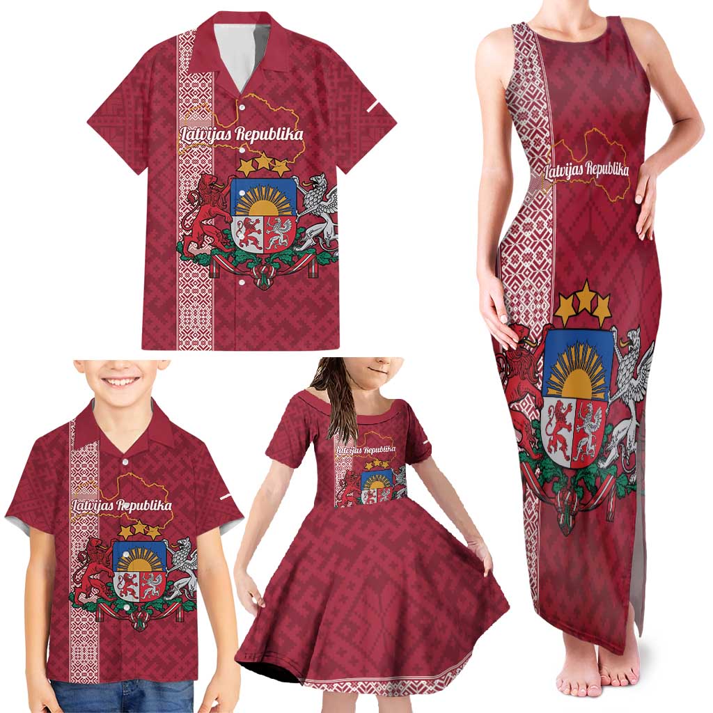 Personalised Latvia Family Matching Tank Maxi Dress and Hawaiian Shirt Latvijas Republika Folk Pattern