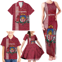 Personalised Latvia Family Matching Tank Maxi Dress and Hawaiian Shirt Latvijas Republika Folk Pattern