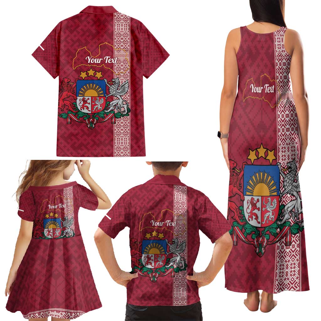 Personalised Latvia Family Matching Tank Maxi Dress and Hawaiian Shirt Latvijas Republika Folk Pattern