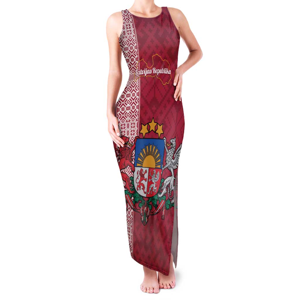 Personalised Latvia Family Matching Tank Maxi Dress and Hawaiian Shirt Latvijas Republika Folk Pattern