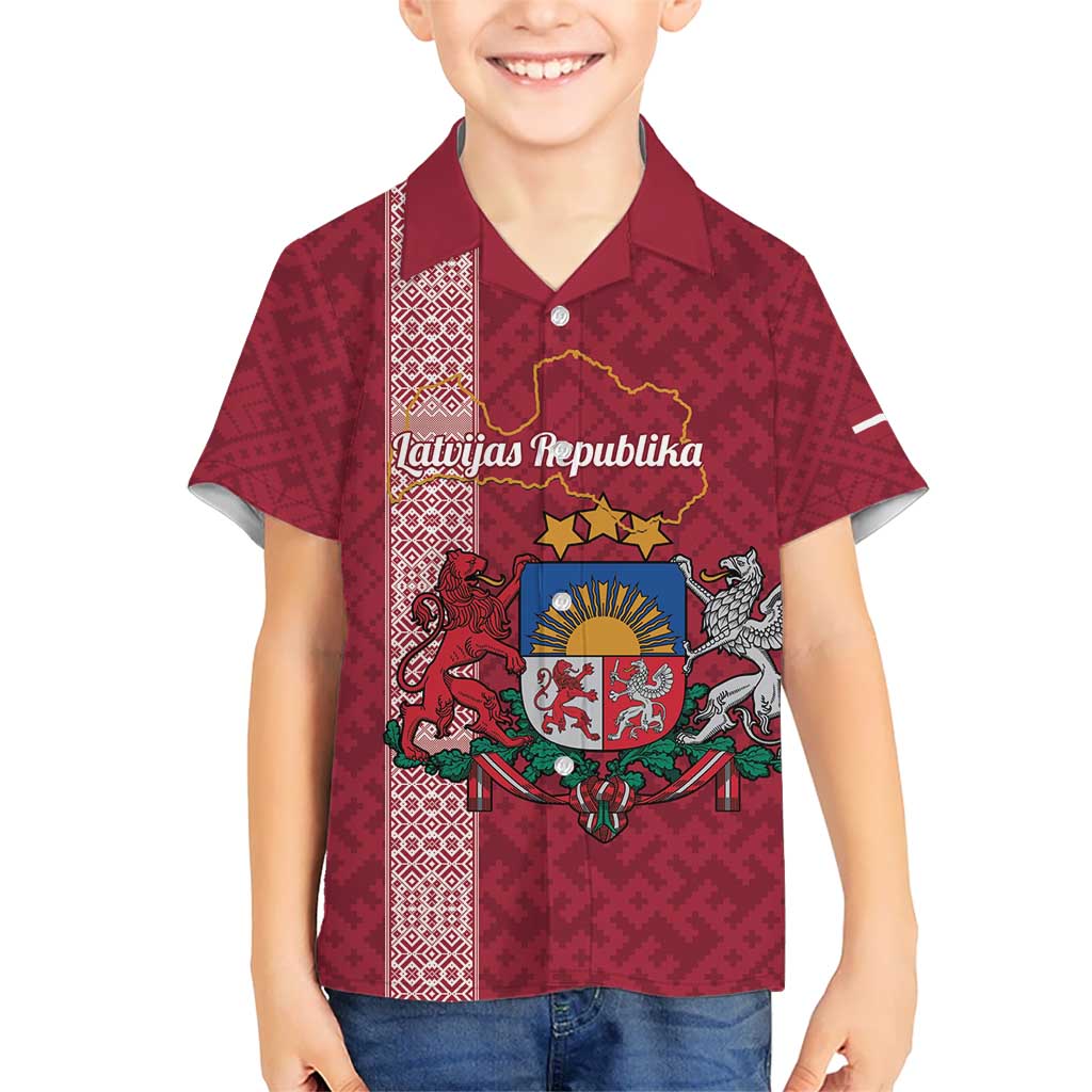 Personalised Latvia Kid Hawaiian Shirt Latvijas Republika Folk Pattern