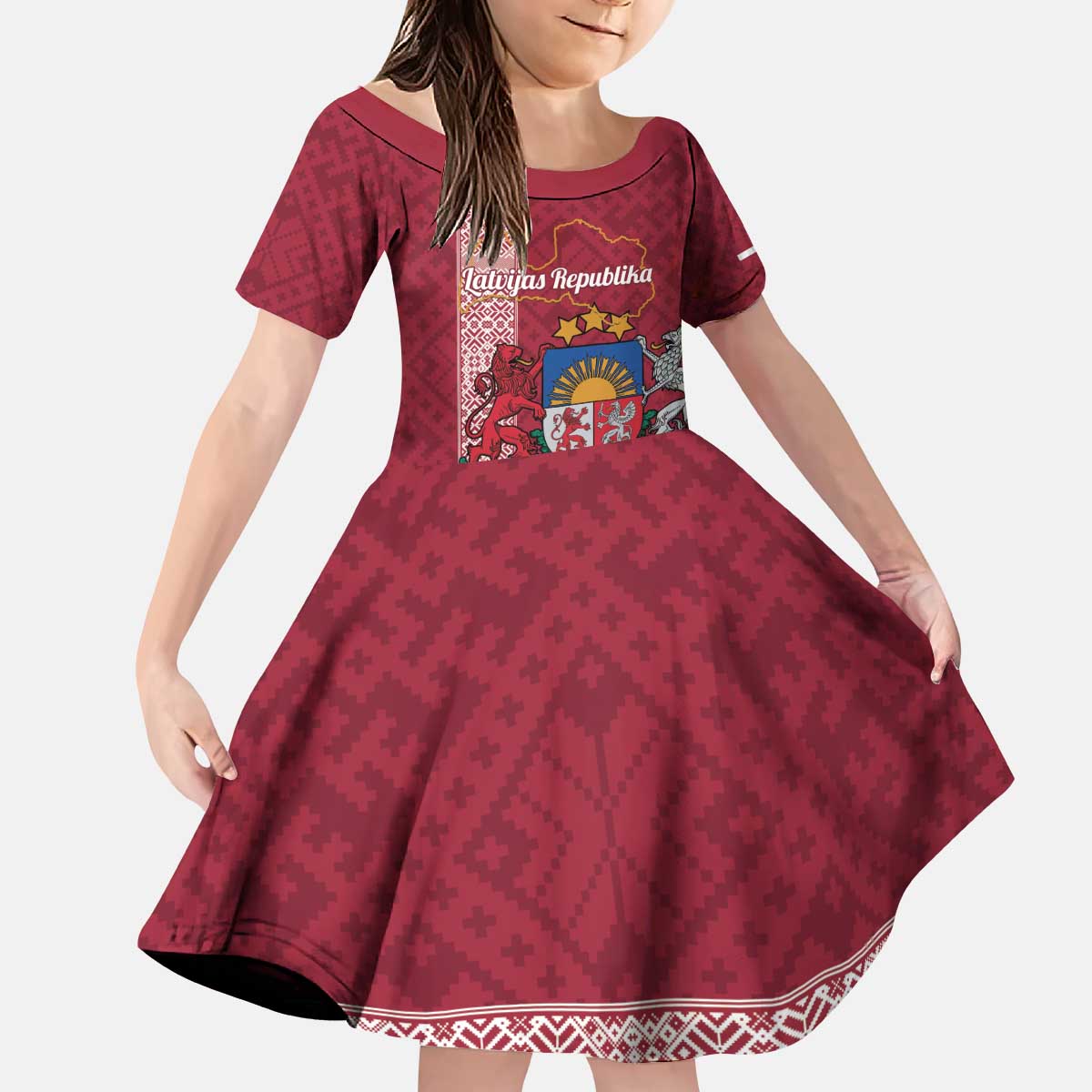 Personalised Latvia Kid Short Sleeve Dress Latvijas Republika Folk Pattern
