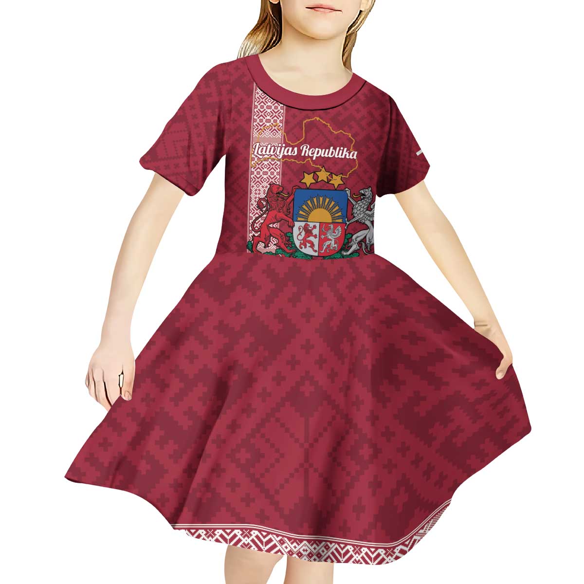 Personalised Latvia Kid Short Sleeve Dress Latvijas Republika Folk Pattern
