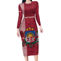 Personalised Latvia Long Sleeve Bodycon Dress Latvijas Republika Folk Pattern