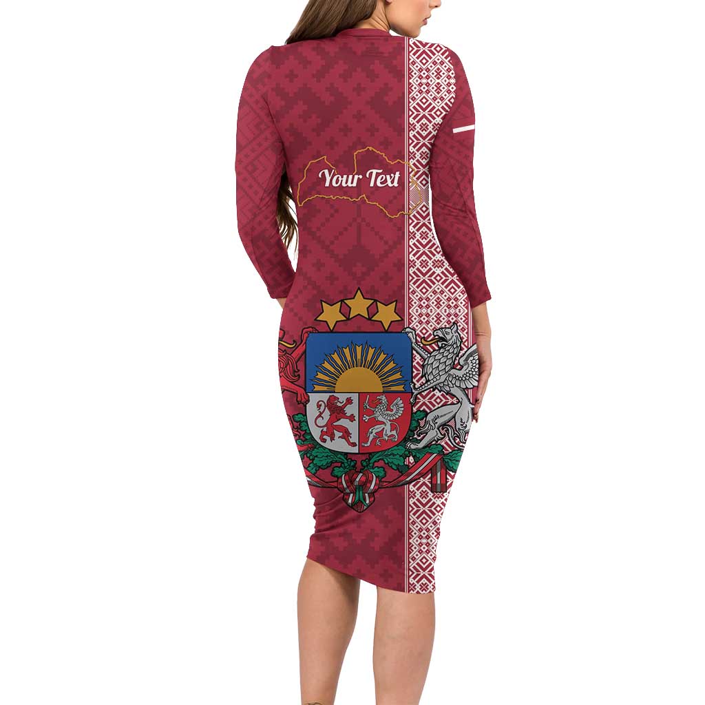 Personalised Latvia Long Sleeve Bodycon Dress Latvijas Republika Folk Pattern