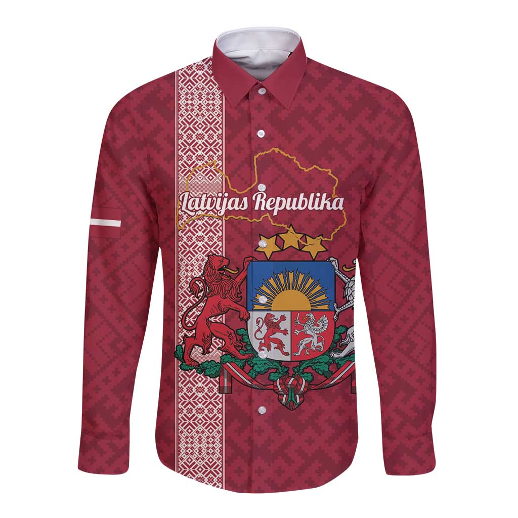 Personalised Latvia Long Sleeve Button Shirt Latvijas Republika Folk Pattern
