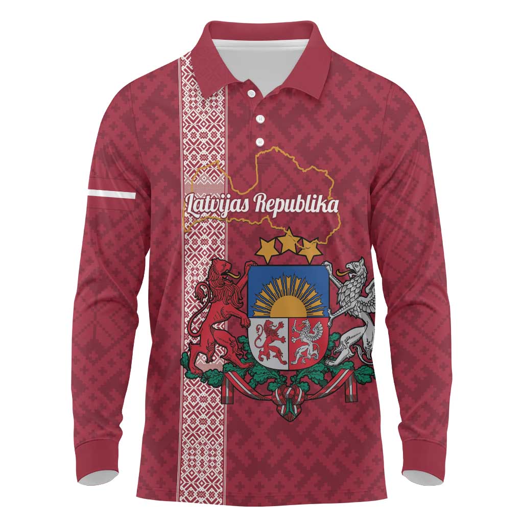 Personalised Latvia Long Sleeve Polo Shirt Latvijas Republika Folk Pattern
