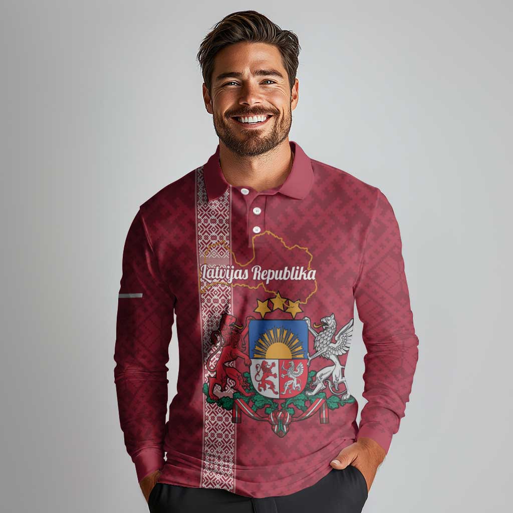 Personalised Latvia Long Sleeve Polo Shirt Latvijas Republika Folk Pattern