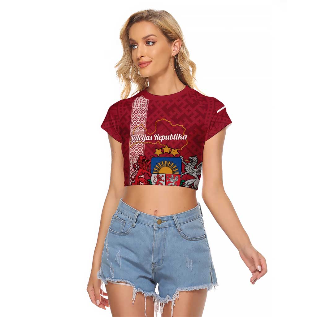 Personalised Latvia Raglan Cropped T Shirt Latvijas Republika Folk Pattern
