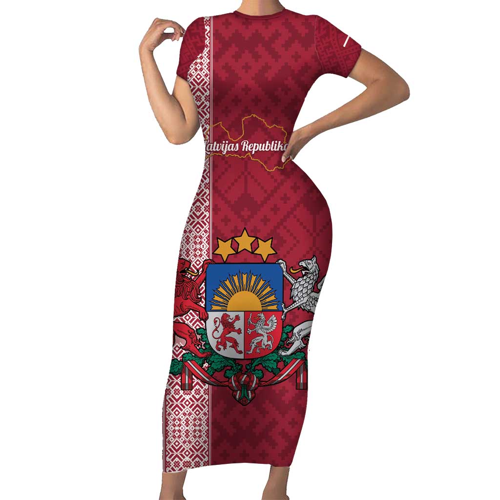 Personalised Latvia Short Sleeve Bodycon Dress Latvijas Republika Folk Pattern