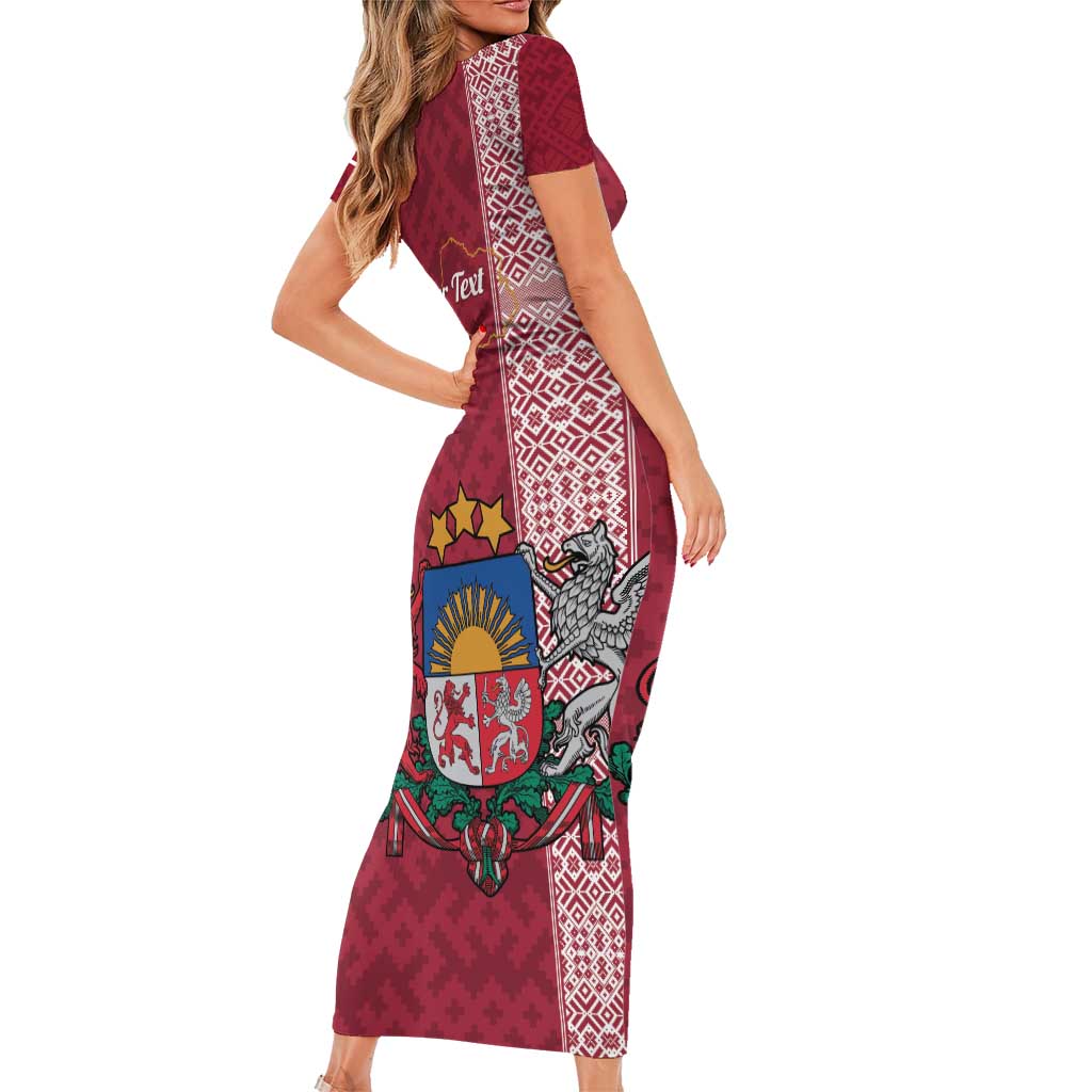 Personalised Latvia Short Sleeve Bodycon Dress Latvijas Republika Folk Pattern