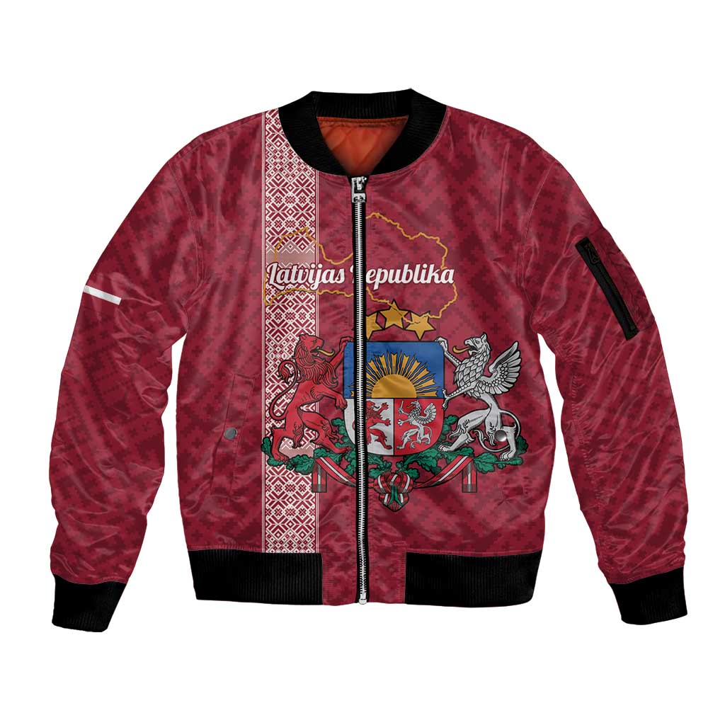 Personalised Latvia Sleeve Zip Bomber Jacket Latvijas Republika Folk Pattern