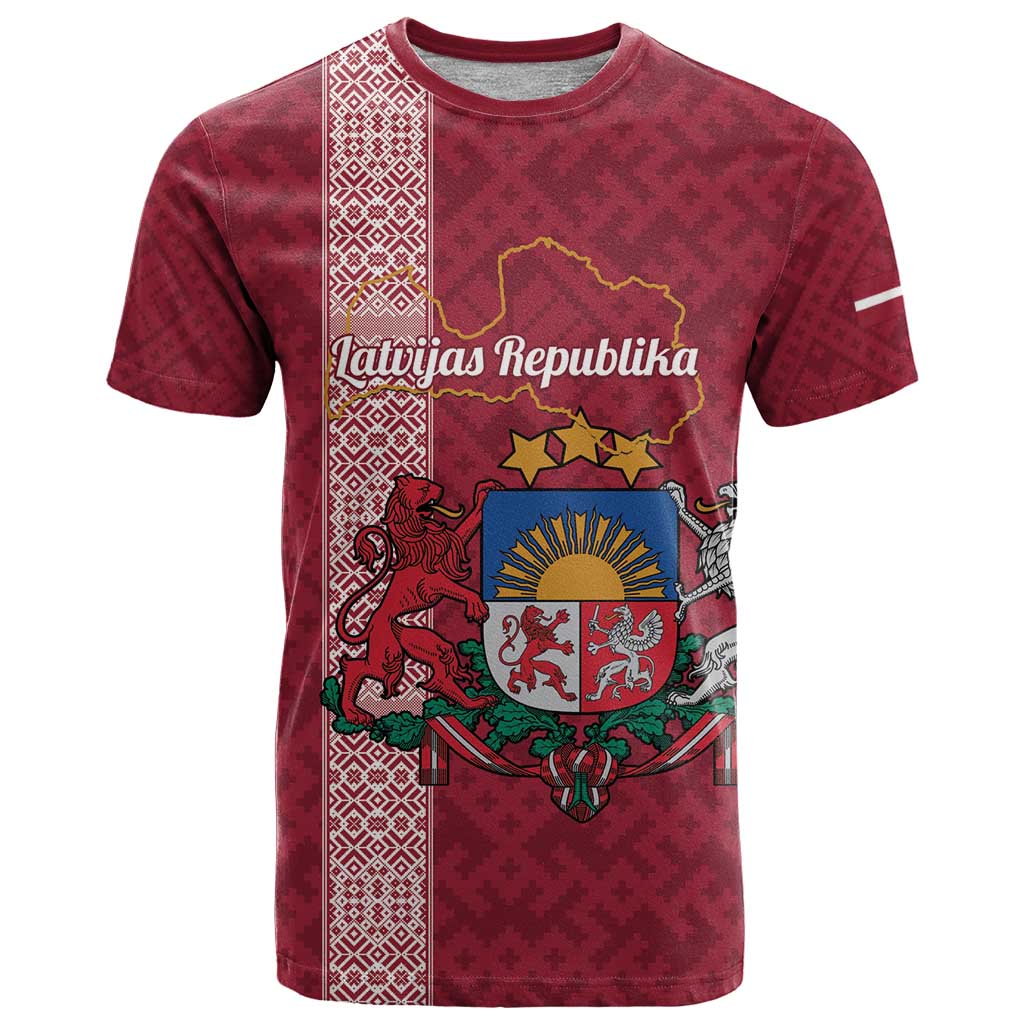Personalised Latvia T Shirt Latvijas Republika Folk Pattern