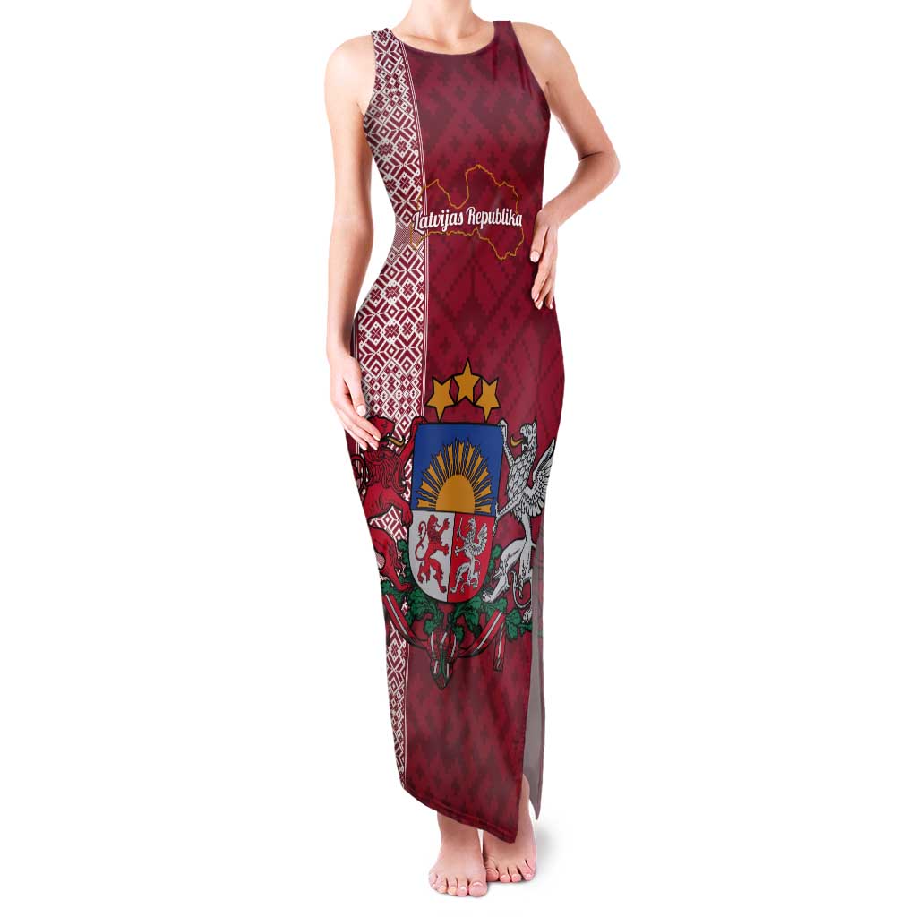 Personalised Latvia Tank Maxi Dress Latvijas Republika Folk Pattern