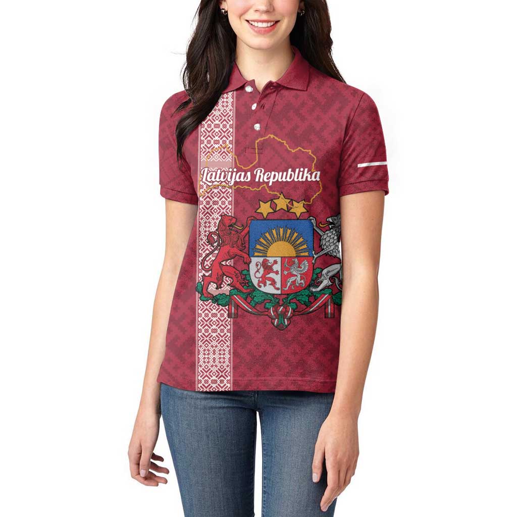 Personalised Latvia Women Polo Shirt Latvijas Republika Folk Pattern