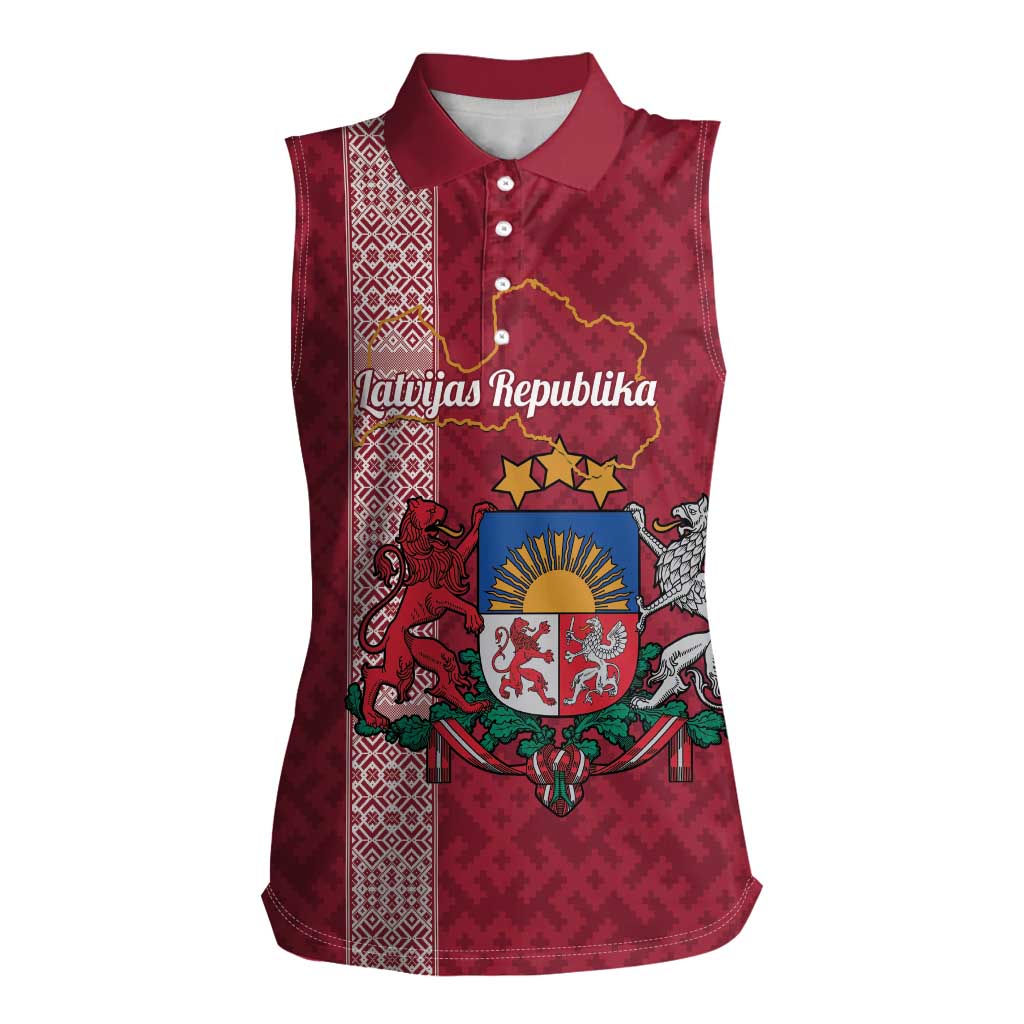 Personalised Latvia Women Sleeveless Polo Shirt Latvijas Republika Folk Pattern