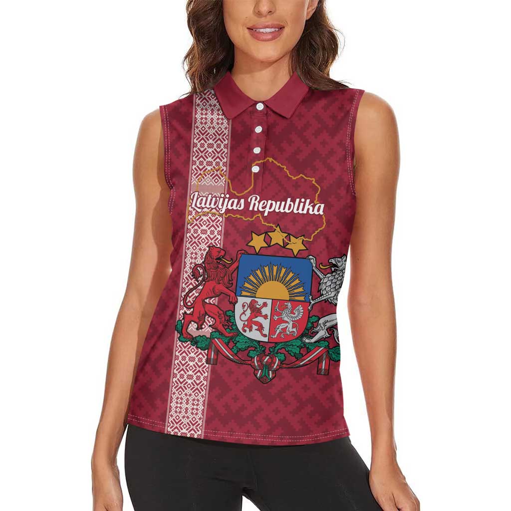 Personalised Latvia Women Sleeveless Polo Shirt Latvijas Republika Folk Pattern