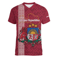 Personalised Latvia Women V-Neck T-Shirt Latvijas Republika Folk Pattern