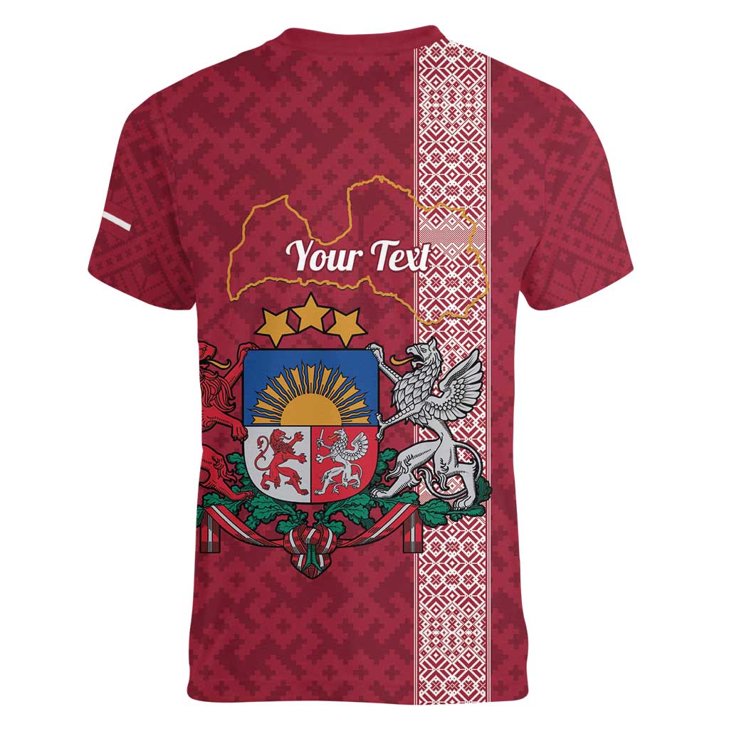 Personalised Latvia Women V-Neck T-Shirt Latvijas Republika Folk Pattern