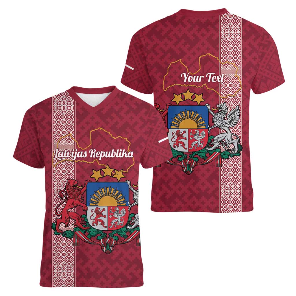 Personalised Latvia Women V-Neck T-Shirt Latvijas Republika Folk Pattern