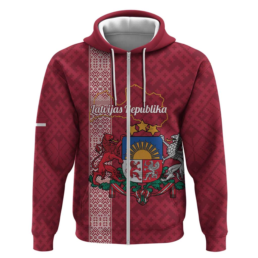 Personalised Latvia Zip Hoodie Latvijas Republika Folk Pattern