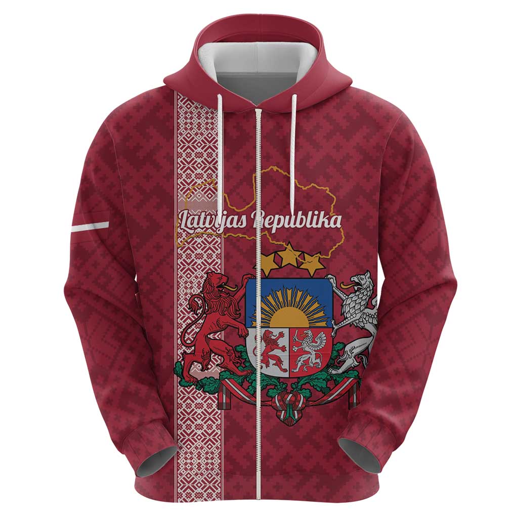 Personalised Latvia Zip Hoodie Latvijas Republika Folk Pattern